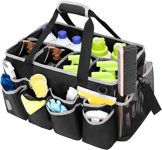 Extra-Large Wearable Cleaning Caddy, Organizer Bag for Products, Housekeeper Tote With Pad, Handle & Divider, Car Wash Tools Bag for Detailing Supplies, Gray Edge
