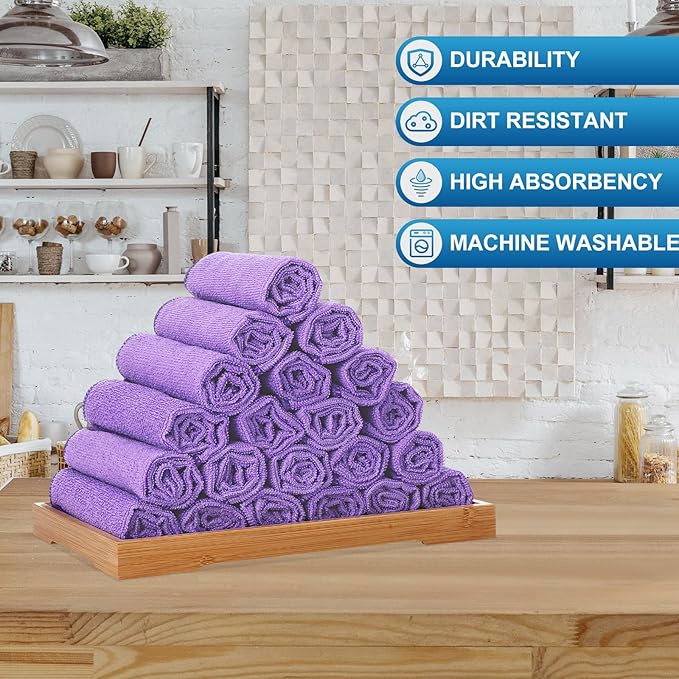 Tenare 100 Pack 12'' x 12'' Microfiber Cleaning Cloths Reusable Cleaning Rags Bulk Microfiber Towels Softer Highly Absorbent Washcloths for House Kitchen Car Window(Purple)