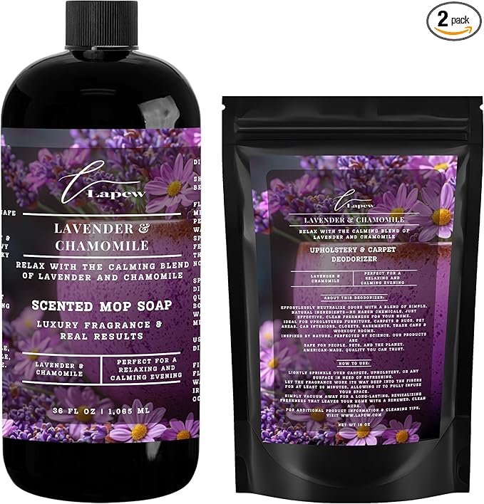 Lapew Lavender Chamomile Scented Cleaning Bundle | Carpet Deodorizer Powder (16 oz) & Mop Soap Concentrate (36 oz) | Pet-Friendly Odor Eliminator