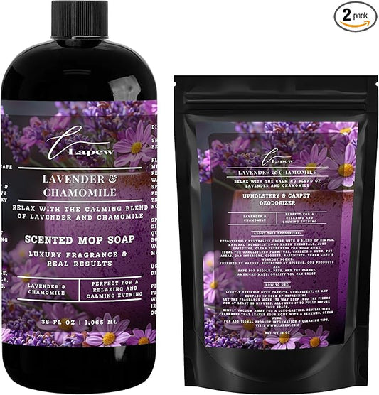 Lapew Lavender Chamomile Scented Cleaning Bundle | Carpet Deodorizer Powder (16 oz) & Mop Soap Concentrate (36 oz) | Pet-Friendly Odor Eliminator