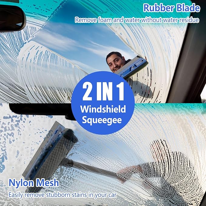 5Pcs Car Cleaning Brush Kit 61in Detachable Long Handle Soft Microfiber Mop Brush Mitt Windshield Squeegee Duster Towel Wheel Tier Brush Hose Adapter for Car RV Truck Boat