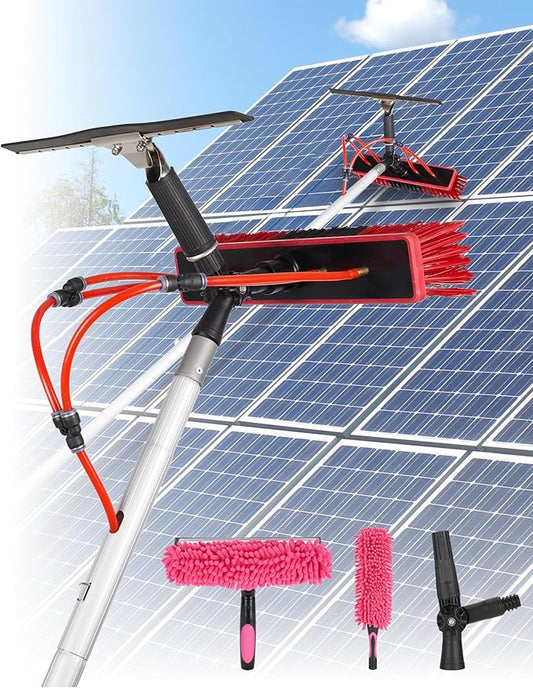 35ft Solar Panel Cleaning Brush & Squeegee, 2 Dusting Brush, Lightweight & Extendable Poles, Water Fed Poles Kit for Roof Window Greenhouse