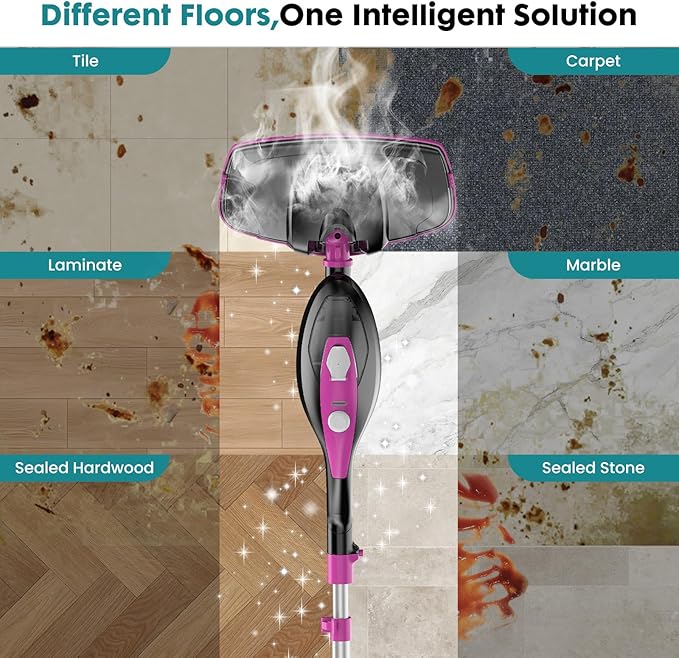 OLIXIS 10-in-1 Steam Mop, 1550W Detachable Handheld Steam Cleaner for Floor Cleaning, 16FT Cord, 2 Washable Pads, Multi-Purpose Floor Steamer for Hardwood, Carpet, Tile, Grout, Windows, Black Pink