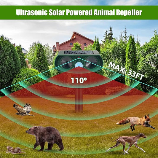 Solar Animal Repellent Outdoor Cat & Deer Repellent with Motion Sensor,Waterproof Ultrasonic Animal Repeller Deterrent Devices Control for Dog Squirrel Raccoon Skunk Rabbit Out of Garden Farm Yard