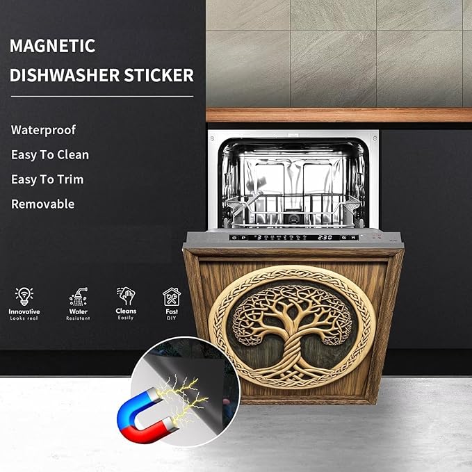 Wood Tree of Life Dishwasher Front Door Cover Vinyl Magnetic Sticker, Retro Wood Door Fridge Magnet Panel Decal, Tree of Life Dishwasher Magnet Skin Cover - 23x26 in (Magnet)