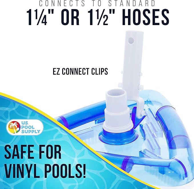U.S. Pool Supply Weighted Transparent Triangular Pool Vacuum Head with Swivel Hose Connection and EZ Clip Handle - Connect 1-1/4" or 1-1/2" Hose - Removes Debris, Clean Corners - Safe for Vinyl Pools