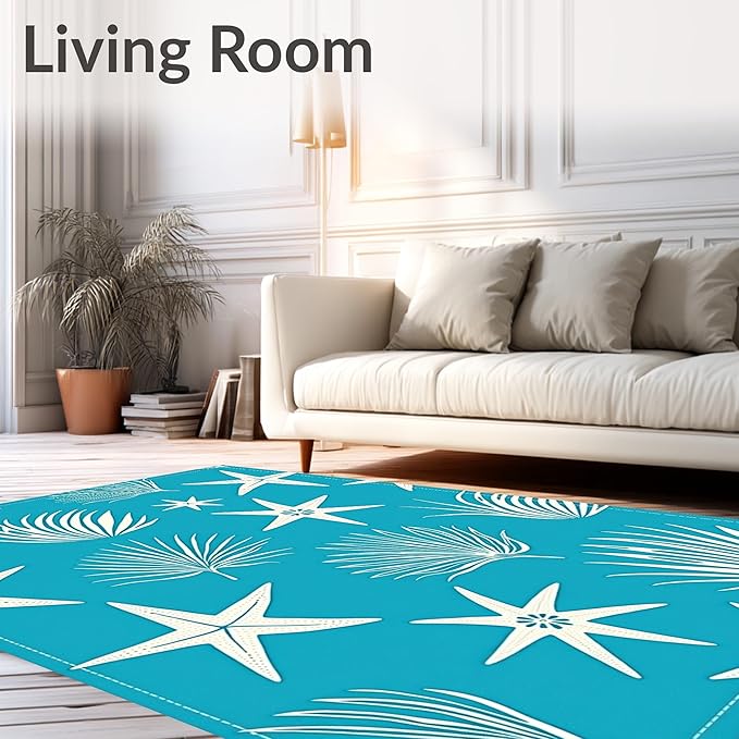 Flatwoven High Traffic Area Rug 3x5, Starfish and Conch Drift with Lighthouse Accents, Non Slip, Stain Resistant, Washable Area Rugs for Living Room, Bedroom (Blue, 3x5)