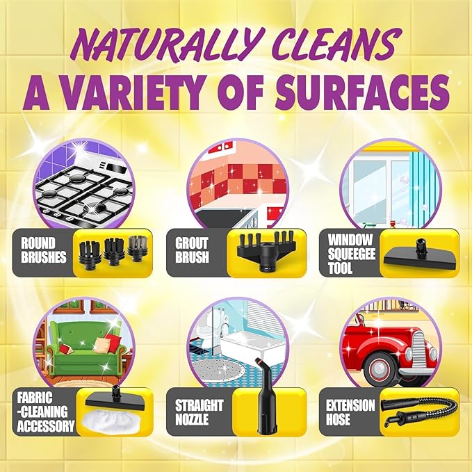 Natural Multi-Surface Handheld Steam Cleaner with 10 Accessories, 13.5OZ Pressurized Multipurpose On Demand Steam Cleaner for Home, Steamer for Cleaning Dirt, Grease, Grout, Tile, Windows, Car, Yellow