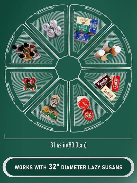 Lazy Susan Cabinet Organizer Bins for 26"/ 28"/ 32" Diameter Corner Organizer, Plastic Cabinet Storage Bin, 1/8 Wedge - Food Safe, BPA Free, with Non-Slip Pads (for 32" Diameter, 8 Pack)