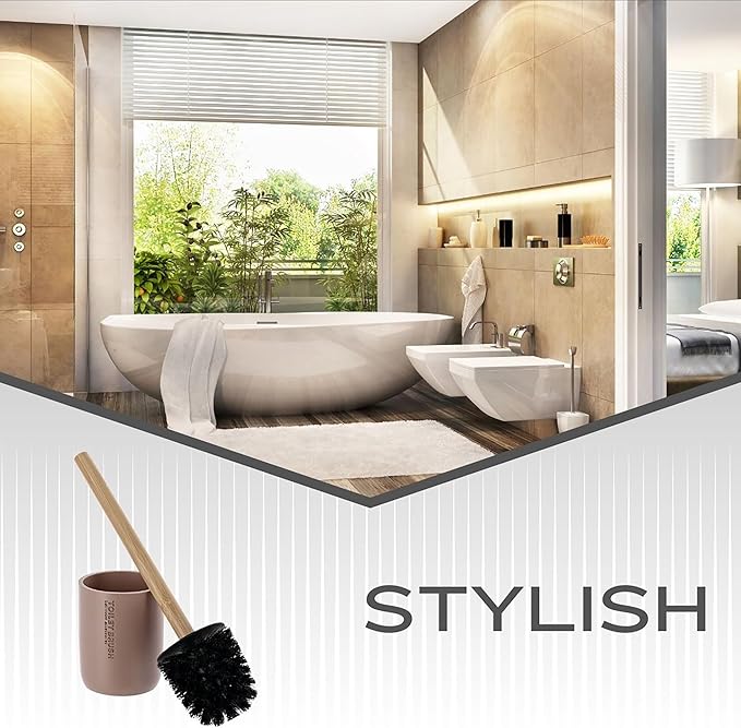Compact Cappuccino Toilet Brush and Holder Set with Natural Bamboo Handle - Durable Toilet Bowl Brush for Deep Bathroom Cleaning