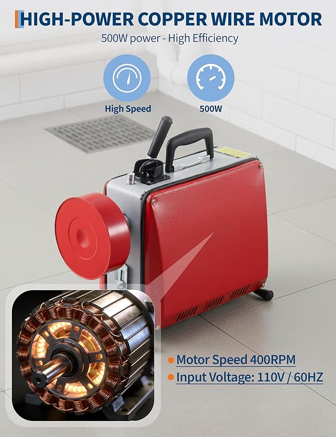Drain Cleaner Machine with 66FT x 5/8" & 16FT x 3/8" Steel Cables, 7 Cutters, Electric Sewer Snake Drain Auger, 500w Power Drain Cleaner Machine, Auto Feed Pipe Snake for 3/4" to 4" Pipes
