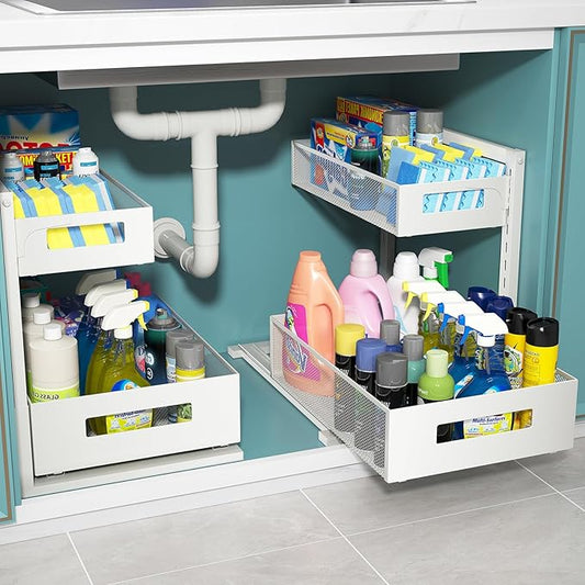 Under Sink Organizer, Bathroom Organizers and Storage, Cabinet Organizer Pottery Barn Furniture for Kitchen, Bathroom, Pantry, Laundry, Study, White，1XL, 2PCS