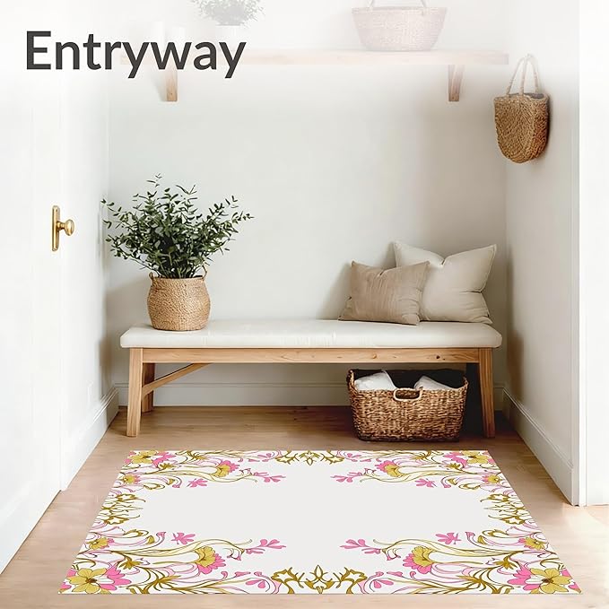 Flatwoven High Traffic Area Rug 2x3, Serene Meadow Flourish with Elegant Trails and Stylized Blossom Accents, Non Slip, Stain Resistant, Washable Area Rugs for Living Room, Bedroom (Pink, 2x3)