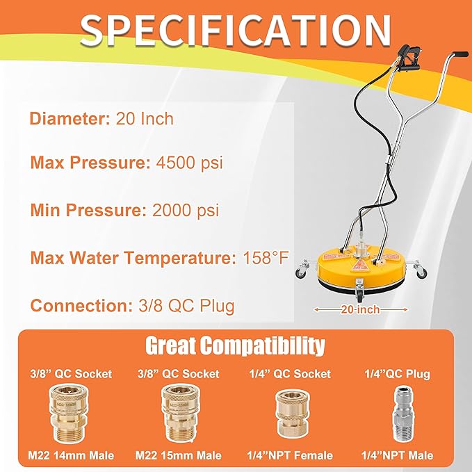 Tool Daily 20" Pressure Washer Surface Cleaner Dual Handle,Power Washer Surface Cleaner Attachment with 4 Wheels, Pressure Washer Accessory for Driveway Sidewalk Curb Deck Patio Cleaning, 4500PSI