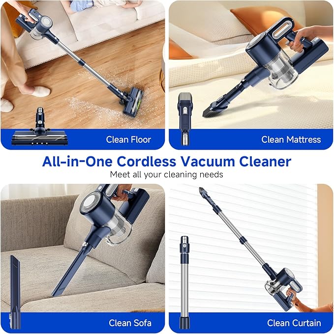 Cordless Vacuum Cleaner for Home: 6-in-1 Stick Vacuum with Powerful Suction, Rechargeable, Anti-Tangle Pet Hair Brush, Green LED Headlight Vacuum for Carpet & Hardwood Floors-Dark Blue
