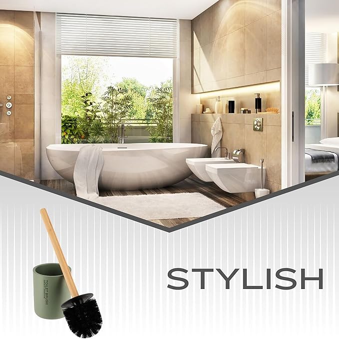 Chic Matte Green Toilet Brush Holder Set with Natural Bamboo Handle - Polyresin Bathroom Cleaning Accessory (Green, Toilet Bowl Brush Only)
