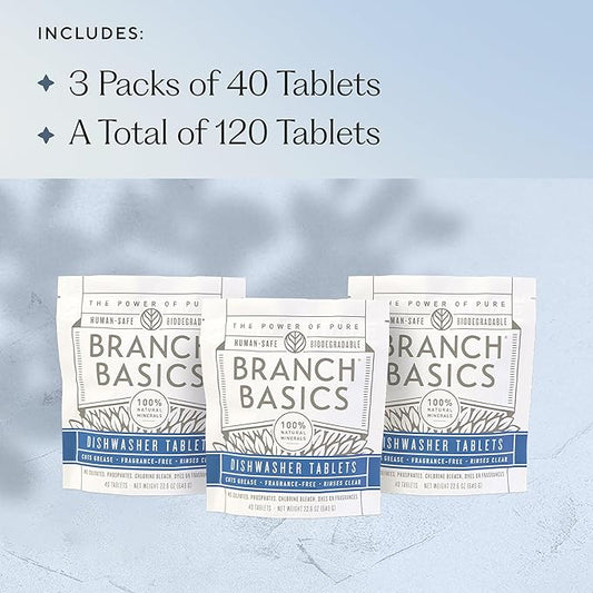 Branch Basics Dishwasher Tablets – 120 Ct | Plastic-Free, Fragrance-Free, Human-Safe | Delivers a Powerful Clean Without Harsh Chemicals (40 Count (Pack of 3))