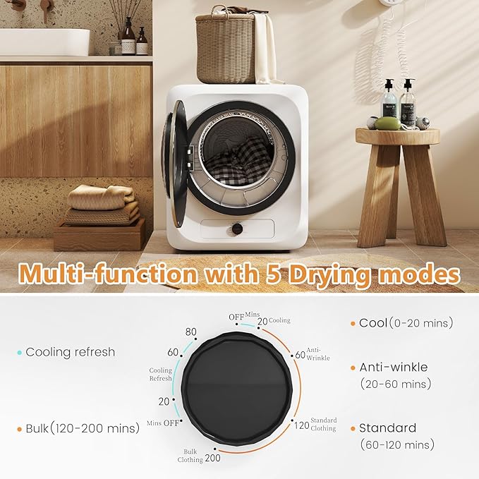 VCJ Portable Clothes Dryer for Apartment, 1.5 Cu.ft Compact Mini Electric Dryer with 5 Drying Modes, Stainless Steel Tub, Simple Knob Control, Dryer Machine for Dorm, RV, Small Space