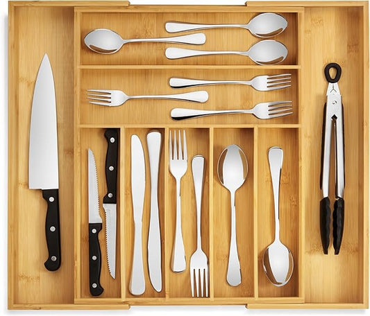 Purawood Bamboo Drawer Organizer - Expandable Silverware Organizer & Utensil Drawer Organizer, Cutlery Tray with Dividers, 7-9 Slots- Kitchen Organizer for Utensils & Flatware (Natural)