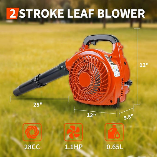 28 CC Gas Leaf Blower, 490 CFM 280 MPH, 1.1-HP 2-Stroke, Handheld Gas Powered Leaf Blower, Lightweight, Powerful Clearing Performance for Lawn Care, Driveway Cleaning and Light Snow Removal