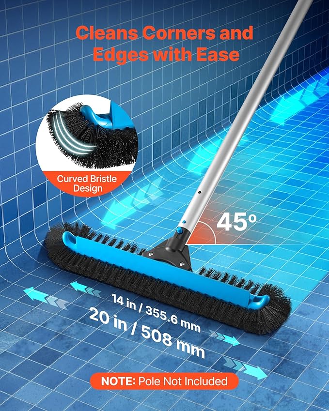 VEVOR Pool Brush Head, 20 Inch Scrub Brushes with Nylon Bristles and Aluminum Pole Connector, Heavy Duty Curved Brush Head for Cleaning Inground/Above Ground Swimming Pool Walls, Pole Not Included