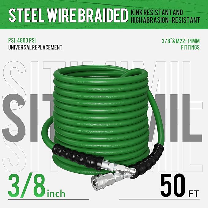 SITIMIMIL® 3/8 Pressure Washer Hose 50FT Hot Water - Commercial Grade 4800PSI Steel Wire Braided, Ultra Flexible & Kink Resistant, Quick Connect Fits Most Brands, for Home & Professional Use Green