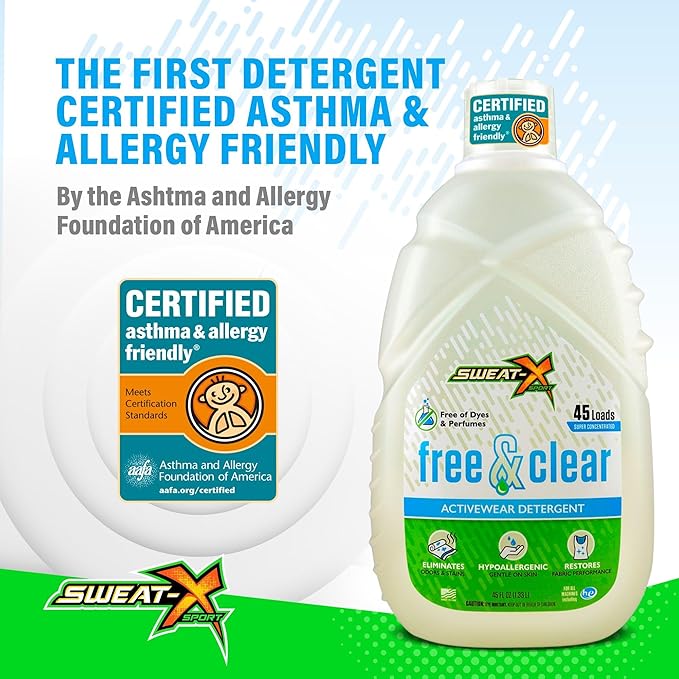 SWEAT X Free & Clear Laundry Detergent Liquid - Organic, Natural Non Toxic Laundry Detergent for Sensitive Skin - Gentle Washing Detergent for Activewear & Performance Fabrics - 45 Loads, 1 Bottle