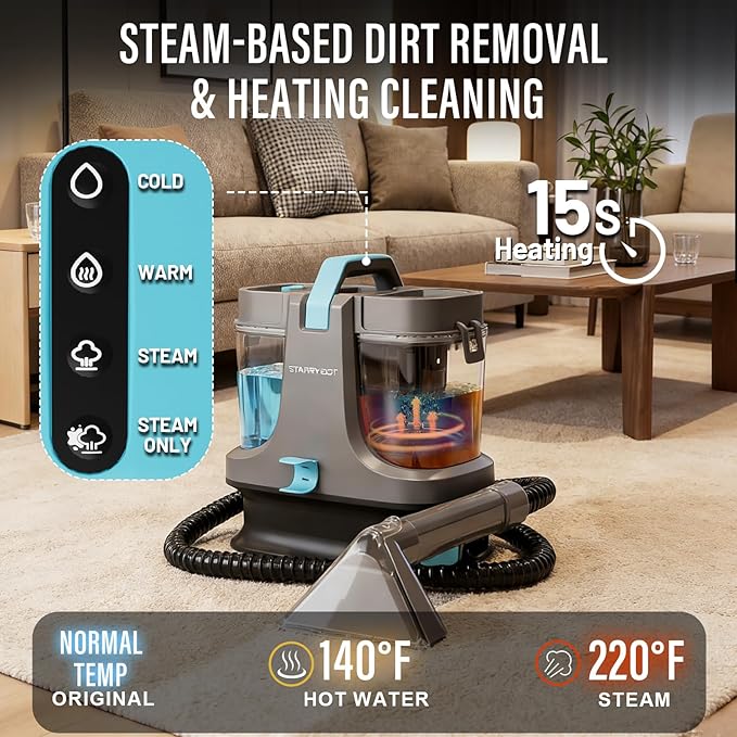 Starrybot Portable Carpet Cleaner Machine with Steam and Heating Techology,18Kpa Powerful Suction with Versatile Tools for Pets, Couch,Spot Cleaner for Stairs/Furniture/Rug(Gray)