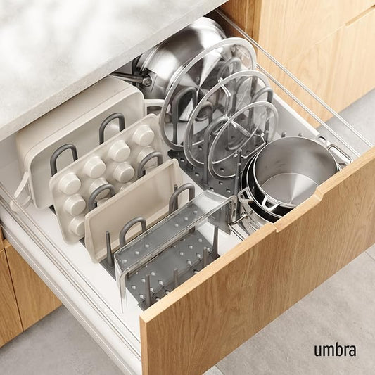 Umbra Peggy Kitchen Drawer Cupboard Organizer Tray - Adjustable Storage System For Food Containers, Cookware, Serveware, Utensils and More, Grey (Pack of 6)