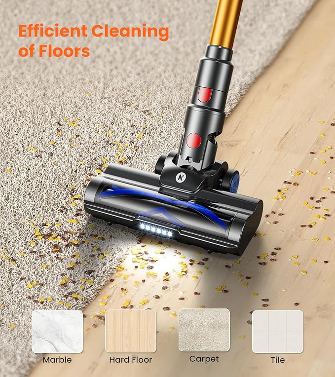 NADALY Cordless Vacuum Cleaner, 500W 40KPa Self-Standing Stick Vacuum with 45-Min Runtime, Anti-Tangle V-Shaped Brush, 1.5L Large Dust Cup, Lightweight for Hardwood Floor Carpet Pet Hair