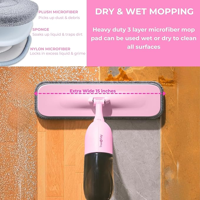 True & Tidy® Clean Everywhere Spray Mop Kit with Three Interchangeable Heads and Refillable Tank- Includes Flat Head, Round Mop, Window Squeegee (Pink)