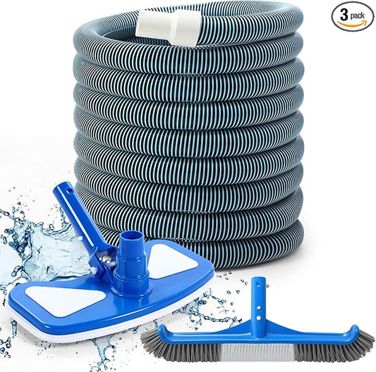 Pool Vacuum Kit Swimming Pool Vacuum Head with 1-1/2" x 30 ft Hoses Flexible Head with Wheels and 14 '' Cleaning Brush for Inground Swimming Supplies (Classic)