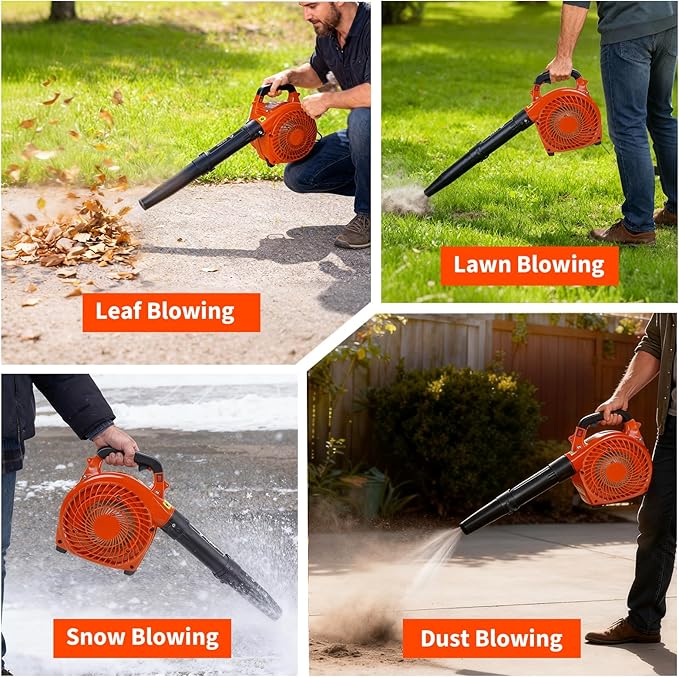28 CC Gas Leaf Blower, 490 CFM 280 MPH, 1.1-HP 2-Stroke, Handheld Gas Powered Leaf Blower, Lightweight, Powerful Clearing Performance for Lawn Care, Driveway Cleaning and Light Snow Removal