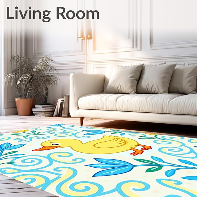 Flatwoven High Traffic Area Rug 6x9, Whimsical Pond Life with Floating and Floral Swirl, Non Slip, Stain Resistant, Washable Area Rugs for Living Room, Bedroom (Yellow, 6x9)