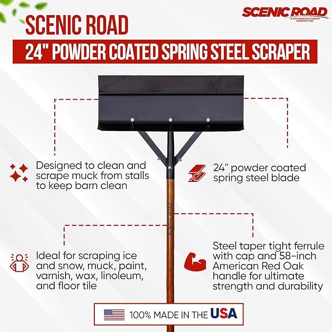 SCENIC ROAD Farm & Ranch Scraper Tool – Heavy Duty Ice Scraper with 24" Steel Blade & 58" Handle Floor Scraper – Metal Scraper for Driveway Ice, Barn, Paint or Wood – Made in USA (Model SR24SPRNG)