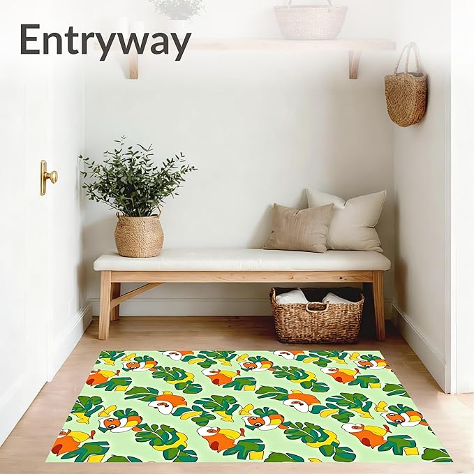 Flatwoven High Traffic Area Rug 5x7, Playful Duckling Adventure with Interlocking Leaf Design, Non Slip, Stain Resistant, Washable Area Rugs for Living Room, Bedroom (Green, 5x7)