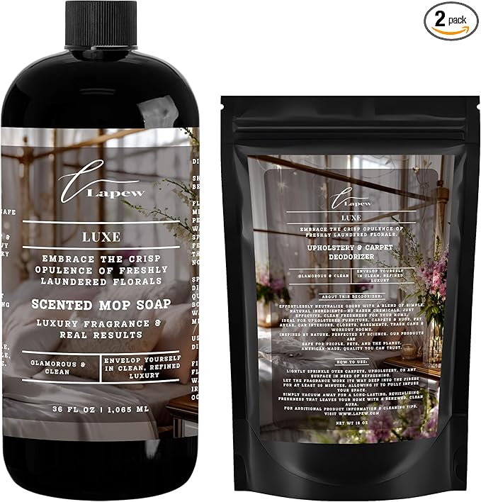 Lapew Luxe Scented Cleaning Bundle | Carpet Deodorizer Powder (16 oz) & Mop Soap Concentrate (36 oz) | Pet-Friendly Odor Eliminator