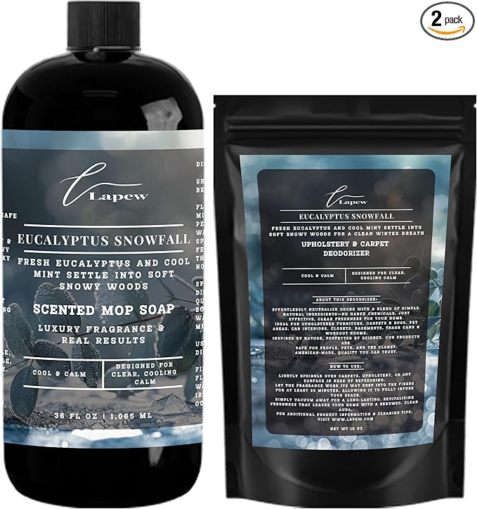 Lapew Eucalyptus Snowfall Bundle – Carpet Deodorizer Powder & Scented Mop Soap Set – Odor Eliminator for Pet-Friendly Homes