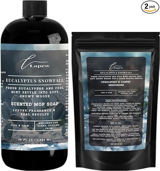 Lapew Eucalyptus Snowfall Bundle – Carpet Deodorizer Powder & Scented Mop Soap Set – Odor Eliminator for Pet-Friendly Homes