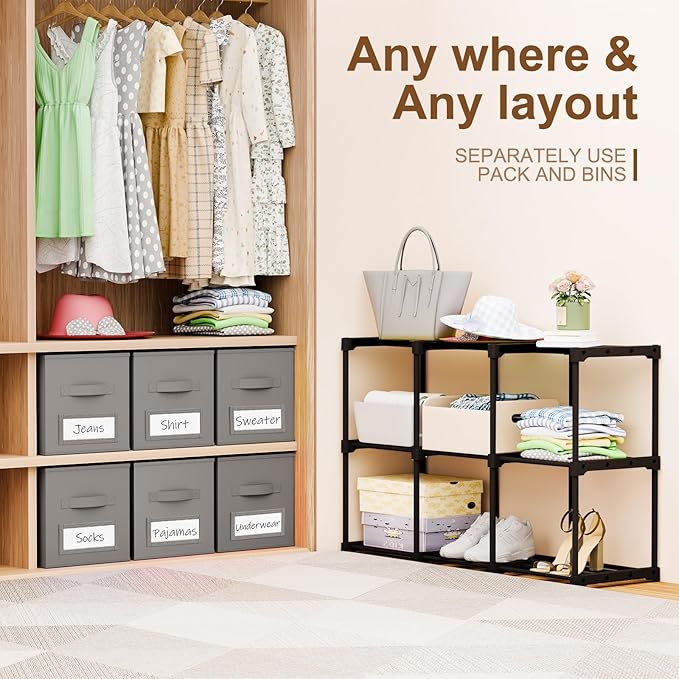 Geelin 9 Sets Cube Storage Organizer Bins with Shelf & Labels 11 Inch, Fabric Collapsible Cubby Toys Clothes Storage Drawer Unit for Daycare Nursery Playroom Bedroom Dorm Organizer (Gray)