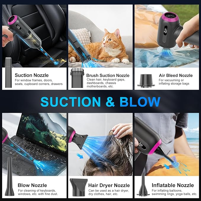 KMM Handheld Car Vacuum Cleaner, 4 in 1 Vacuum Cleaner 16000Pa Air Duster, 3-Speed Adjustable 120W High Power Vacuum Cleaner with LED Light and Multi-Nozzles for Car, Home, Office, Pet