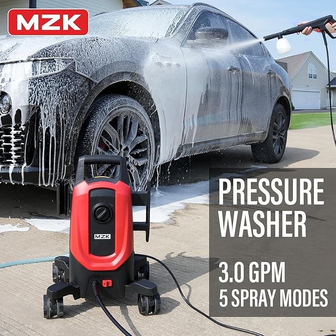MZK Pressure Washer,with Anti-Tipping Technology,4 Quick-Connect Nozzles,Foam Cannon for Easy Replacement,High-Pressure Cleaning of Cars,Fences