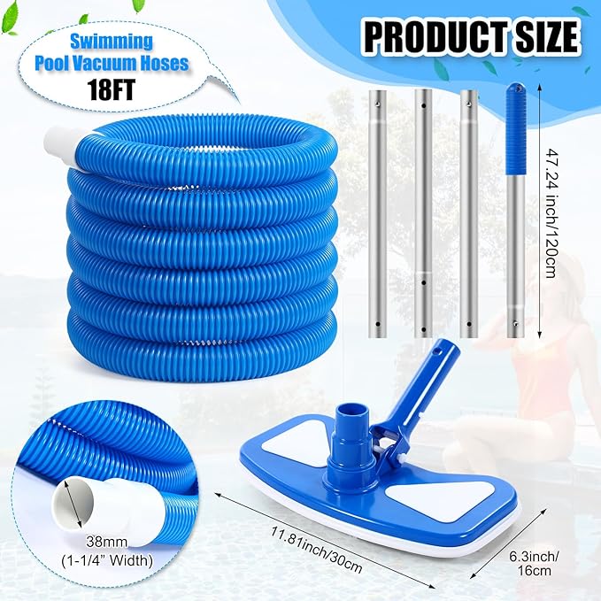 11.8" Swimming Pool Vacuum Head with 47" Long Pole and 1-1/4" x 18ft Hoses Flexible with Wheels for Inground Cleaning