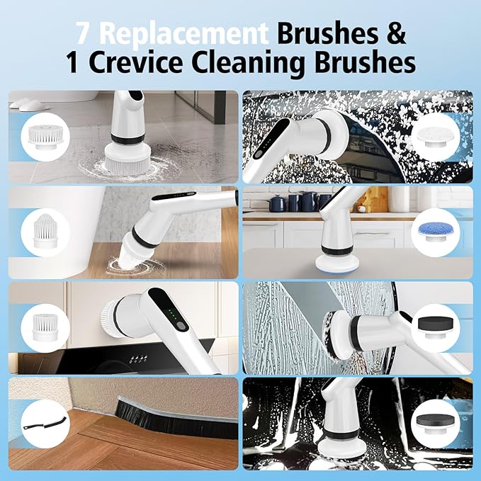 Electric Spin Scrubber, Dreazu IPX7 Shower Scrubber with 7 Replaceable Brush Heads & Retractable Handle, 2-Speed Adjustable Shower Cleaner for Bathroom, Bathtub, Kitchen, Tile Floors