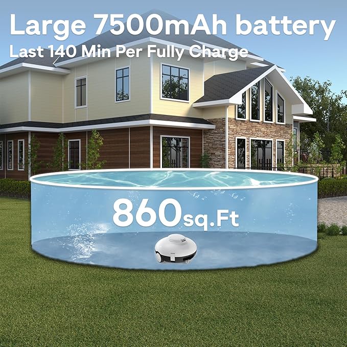 Cordless Robotic Pool Vacuum, 90 Mins Runtime Pool Cleaner with Double Filters, Lightweight, Powerful Brushless Motors for Above Ground Flat Pools up to 860 Sq.Ft (Black)