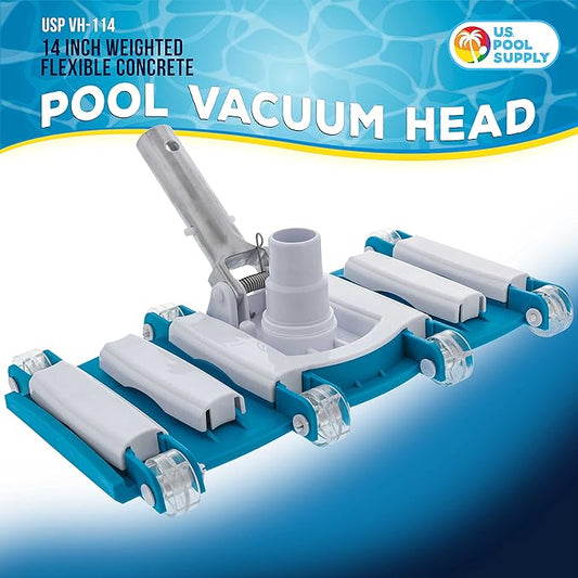 U.S. Pool Supply 14" Manual Pool Vacuum Head for Inground Pools, Flexible, Weighted - 6 Weights, Swivel Hose Connection 1.25" or 1.5", Aluminum Pole Handle - Accessory Attachment, Clean Remove Debris
