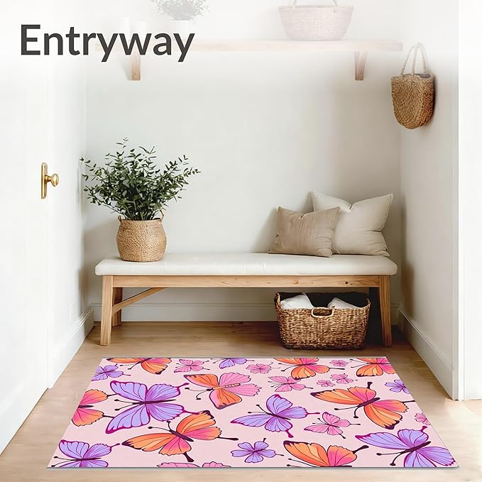 Flatwoven High Traffic Area Rug 8x8, Watercolor Garden Shower Curtain with Matching Bath Accessories, Non Slip, Stain Resistant, Washable Area Rugs for Living Room, Bedroom (Pink, 8x8)