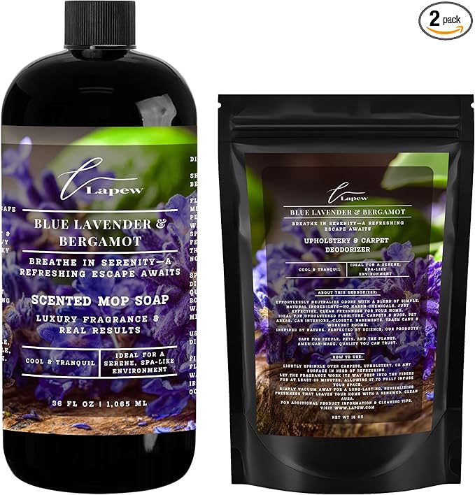 Lapew Blue Lavender & Bergamot Scented Cleaning Bundle | Carpet Deodorizer Powder (16 oz) & Mop Soap Concentrate (36 oz) | Pet-Friendly Odor Eliminator