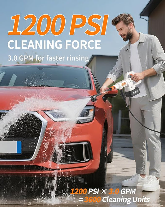 Cordless Portable Washer, 1200 PSI Battery Operated Washer with Brushless Motor, Battery, 23FT Elastic Hose, 3 Level Adjustable; Handheld Washer for Car, Home, Patio, Driveway (Glacier White)