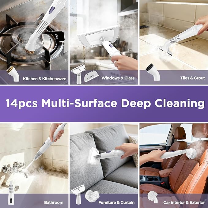 Steam Cleaner Handheld,Portable Detail Steamer for Car with 13-piece Kit,230°F Steaming for Bathroom,Grout,Tile&Shower,Mini Cleaner Running the Boiler at 25 psi,Safety Valve Splash-Free